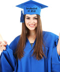 Graduate wearing cap decorated with 'Graduated of 2022' in black letters, showcasing use of Massive 576 Piece Self Adhesive Vinyl Letter Sticker Set