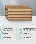 Snag This Dope 6 Pack Set Of Teak Acoustic Wall Panels That Slash Echoes And Kill Room Noise Fast Premium High Quality Polyester Sound Absorbing Pads For Creators stacked in a row, showing wood grain veneer.