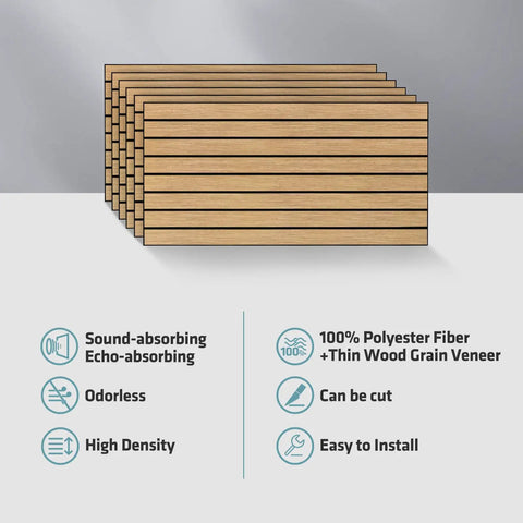 Snag This Dope 6 Pack Set Of Teak Acoustic Wall Panels That Slash Echoes And Kill Room Noise Fast Premium High Quality Polyester Sound Absorbing Pads For Creators stacked in a row, showing wood grain veneer.