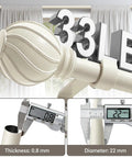 Extra Long White Curtain Rod for Windows 72 to 144 Inches Heavy Duty Adjustable Curtain Pole with Antique Rustic Vintage Industrial Finials Built to Last Farmhouse Vibe for Bedroom Living Room Cafe and Kitchen, showing 33 lb weight capacity and measurements 0.8mm thickness, 22mm diameter.