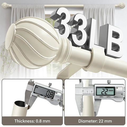Extra Long White Curtain Rod for Windows 72 to 144 Inches Heavy Duty Adjustable Curtain Pole with Antique Rustic Vintage Industrial Finials Built to Last Farmhouse Vibe for Bedroom Living Room Cafe and Kitchen, showing 33 lb weight capacity and measurements 0.8mm thickness, 22mm diameter.