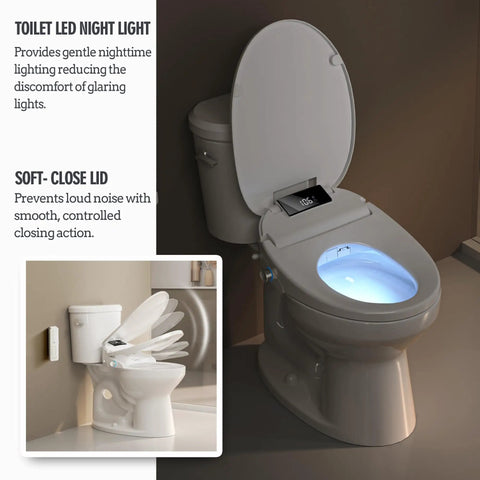 Upgraded Elongated Bidet Toilet Seat With Adjustable Warm Wash And Hot Air Dryer Featuring Self Cleaning Nozzle And Smart Remote, showing LED night light and soft-close lid.