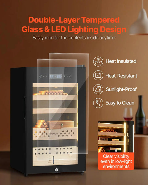 Dope Electric Cigar Humidor Cabinet With Compressor Cooling 70 Liter Capacity Holds 400 Cigars, double-layer glass view