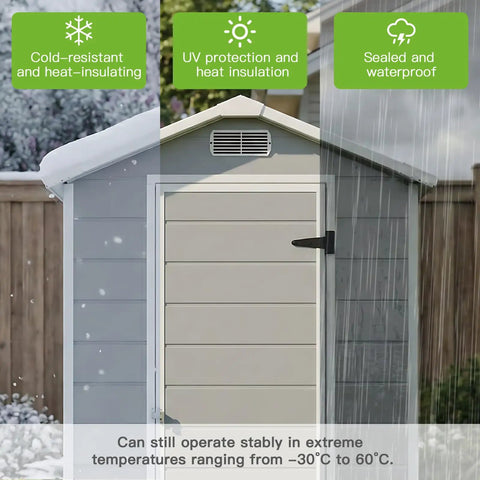 Sturdy Outdoor Resin Storage Shed 4x6 With Floor, Window, Vent, Rainwater Drainage, Lockable Door, All Weather Plastic Garden Shed