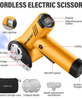Get The Rhino Hit Cordless Electric Scissors Up A Gear With 4 Speed Settings Up To 320 Rpm For Fast, Smooth Cuts Through Cardboard And Packaging Materials This Yellow Rotary Cutter features an LED display, safety lock, and adjustable gear.