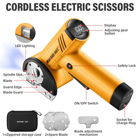 Get The Rhino Hit Cordless Electric Scissors Up A Gear With 4 Speed Settings Up To 320 Rpm For Fast, Smooth Cuts Through Cardboard And Packaging Materials This Yellow Rotary Cutter features an LED display, safety lock, and adjustable gear.
