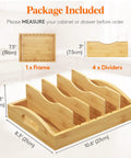 Bamboo Lid Organizer For Inside Cabinet With 4 Adjustable Inserts And 5 Sections, shown with frame and dividers, size 10.6 x 8.3 inches.