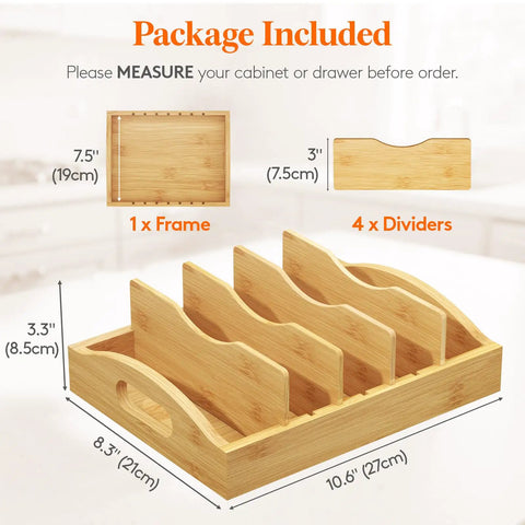 Bamboo Lid Organizer For Inside Cabinet With 4 Adjustable Inserts And 5 Sections, shown with frame and dividers, size 10.6 x 8.3 inches.