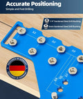 Close-up of 2 In 1 11-Hole Shelf Pin Jig And Concealed Hinge Drilling Guide with measurement markings and steel bushings.
