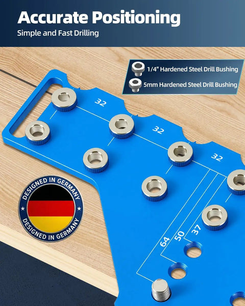 Close-up of 2 In 1 11-Hole Shelf Pin Jig And Concealed Hinge Drilling Guide with measurement markings and steel bushings.