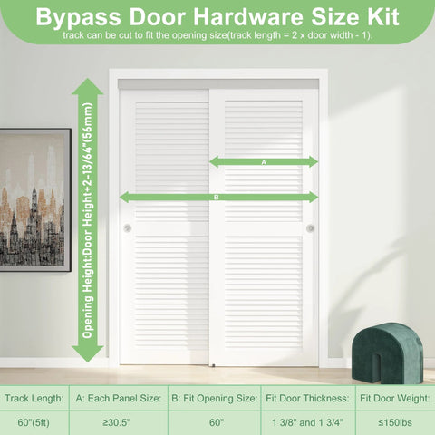 5 Foot 60 Inch Bypass Door Hardware Kit, Aluminum Double Sliding Closet Doors with Finger Pull, Silver Finish, Size Chart Visible