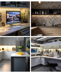 Wave Activated Under Cabinet LED Lighting Kit 20 Inch Dimmable installed in kitchens and offices, emitting warm white 3000K light