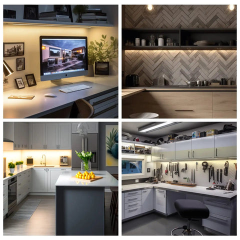 Wave Activated Under Cabinet LED Lighting Kit 20 Inch Dimmable installed in kitchens and offices, emitting warm white 3000K light