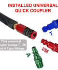 Installed aluminum universal quick coupler on Slick Hybrid Air Compressor Hose 1/4 Inch By 25 Ft with various fittings.