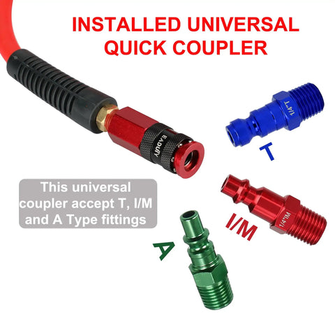 Installed aluminum universal quick coupler on Slick Hybrid Air Compressor Hose 1/4 Inch By 25 Ft with various fittings.