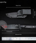 Edc Fixed Blade Knife With Anti Slip Textured Handle And 60 Degree Sharp Blade For Outdoor Camping And Daily Cutting Tasks, shown with dimensions and Kydex sheath.