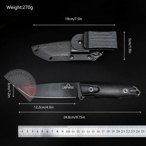 Edc Fixed Blade Knife With Anti Slip Textured Handle And 60 Degree Sharp Blade For Outdoor Camping And Daily Cutting Tasks, shown with dimensions and Kydex sheath.
