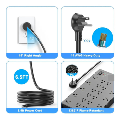 Slick Heavy Duty Multitap Power Strip With Master Switch And Four Fast Usb Ports Paired With A Hefty Two Meter Extension Cord features 45-degree plug and heavy-duty specs.