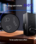 Rock Solid 4 Outlet Surge Protector With 350 Degree Rotating Plug showing plug rotation feature on table with background.