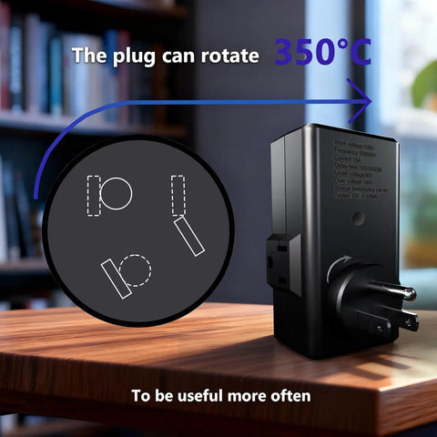 Rock Solid 4 Outlet Surge Protector With 350 Degree Rotating Plug showing plug rotation feature on table with background.