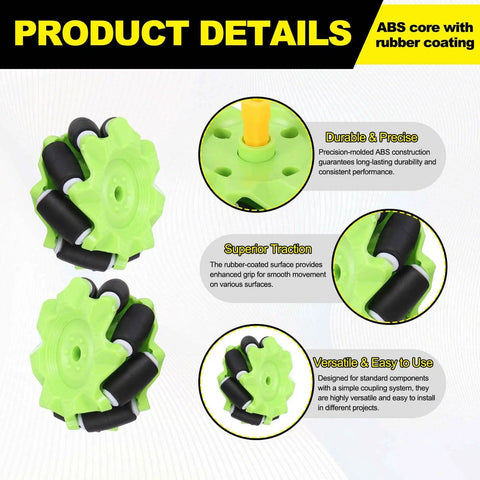 Mecanum Wheels Set For Smart Robot Cars And DIY Models, 58mm 2.28in Omnidirectional ABS Rubber Wheels, Green, Product Details