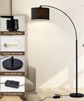 Arc Floor Lamp For Living Room With Fully Dimmable Stepless Brightness, No Fuss Adjustable Head, Tall Modern Black Standing Lamp Over Couch For Reading, Bedroom, Office, Bulb Included with 71-inch height, rotatable head, and dimming pedal switch.