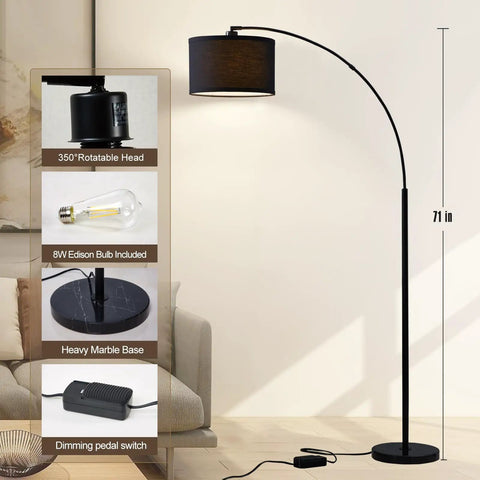 Arc Floor Lamp For Living Room With Fully Dimmable Stepless Brightness, No Fuss Adjustable Head, Tall Modern Black Standing Lamp Over Couch For Reading, Bedroom, Office, Bulb Included with 71-inch height, rotatable head, and dimming pedal switch.