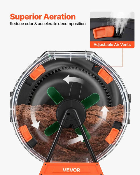 53 Gallon Dual Chamber Compost Tumbler With Easy Turn Rotating Bin And Aeration System showing air vents and interior design