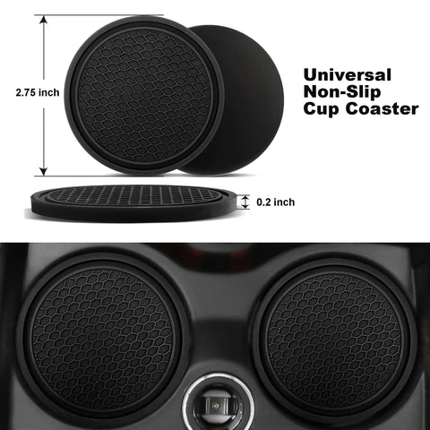 Black universal non-slip cup coasters for car cup holders, shown with textured surface and dimensions 2.75 x 0.2 inches.