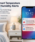 Indoor Smart Temperature Humidity Monitor With App Alerts And 2.4 GHz WiFi No Hub Needed Free Data Export History Graphs Alexa Compatible For Home Pets Greenhouse, bedroom sensor on nightstand with phone alerts