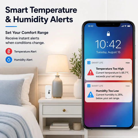 Indoor Smart Temperature Humidity Monitor With App Alerts And 2.4 GHz WiFi No Hub Needed Free Data Export History Graphs Alexa Compatible For Home Pets Greenhouse, bedroom sensor on nightstand with phone alerts