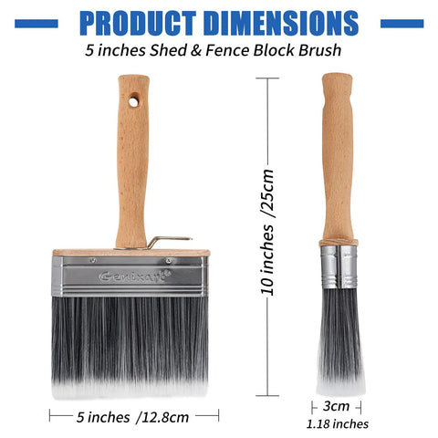 5 Inch Deck Stain And Sealer Block Brush For Wood And Masonry dimensions showing brush length and width in inches and cm