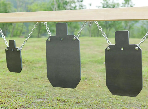 Beefy AR500 Steel Target Gong Silhouette For Precision Shooting Half Inch Thick Metal Target With Laser Cut Design For High Caliber Practice In Your Backyard hanging in a row on chains outdoors