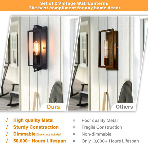 Comparison between matte black and brown wall lanterns; black sconce with vintage style E26 base, geometric design, cozy glow indoors