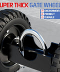 Close-up of heavy duty 6 inch gate wheel for sliding gates and fences with durable rubber tire and steel plate.