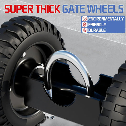 Close-up of heavy duty 6 inch gate wheel for sliding gates and fences with durable rubber tire and steel plate.