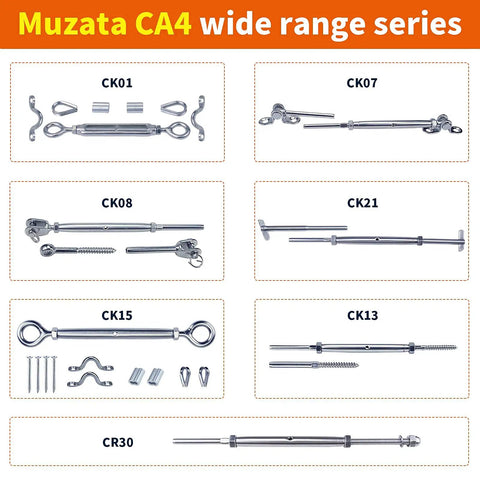 Cable Railing Kit For Wood Posts With One Eighth Inch Wire Rope Swage Toggle Turnbuckle Hardware In T316 Stainless Steel Features Multi Angle Adjustable 0 To 180 Degrees For Deck Or Stairs And Twenty Cable Lines CK08 CA4 CA5, showing various hardware components from Muzata CA4 series.
