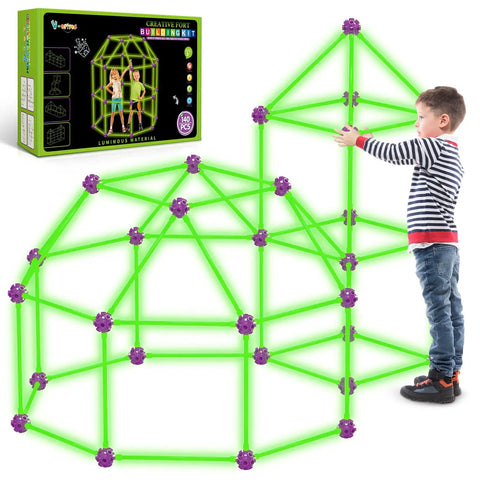 Child assembling Glow In The Dark Fort Building Kit 140 Piece STEM DIY Castle And Tunnel Build Set For Kids Ages 4 5 6 7 8 Plus