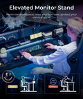 User using Electric Standing Desk with Drawers 48 by 24 Inch Height Adjustable Gaming Desk, elevated monitor stand visible