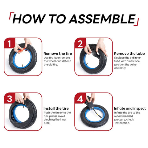Tough As Nails Bike Inner Tube Replacement 12 1/2 x 2 1/4 assembly guide with four installation steps and images.