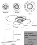 Diagram of Dimmable LED Ceiling Light With Remote Control Flush Mount Ring Fixture in Black or White Aluminum, Sizes 40-80cm.