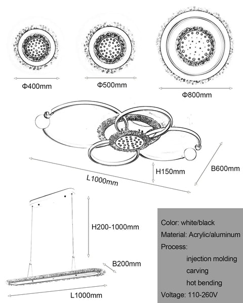 Diagram of Dimmable LED Ceiling Light With Remote Control Flush Mount Ring Fixture in Black or White Aluminum, Sizes 40-80cm.