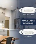 Four Inch Led Recessed Can Lights Featuring Glide Around Gimbal Head, showcasing 360° rotation and 30° swivel for adjustable kitchen lighting.