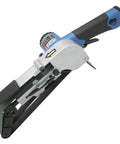 55 Degree Bendable Air Belt Sander With 16,000 RPM Free Speed Includes 80 And 100 Grit Belts Seven Eighths Inch By Twenty Inch Sanding Pad Ideal For Tight Corners And Angles In Small Spaces, showing bent arm and grip handle.