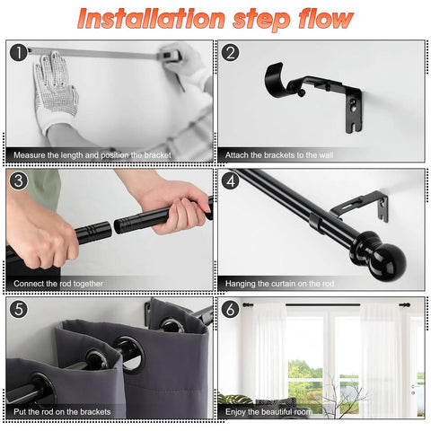 Installation steps for 1 Inch Black Curtain Rods Beefy Heavy Duty Adjustable Splicing Curtain Rod With Brackets Fits 30 To 44 Inches
