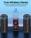 Portable Bluetooth Speaker With Bluetooth 5.4, 20W HD Loud Stereo Sound, TWS Pairing, RGB Lights shown with smartphone