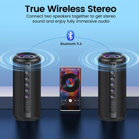 Portable Bluetooth Speaker With Bluetooth 5.4, 20W HD Loud Stereo Sound, TWS Pairing, RGB Lights shown with smartphone