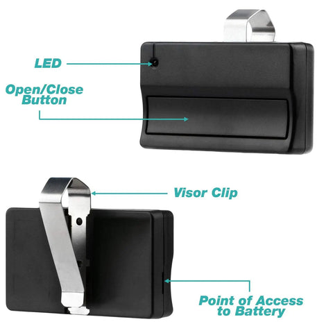 Two Replacement Garage Door Remote For 371LM And Compatible With 370LM 372LM 373LM 374LM 950CD 953D 139.53753 With Visor Clip And Easy Plug And Play Programming featuring LED, open/close button, and battery access point.