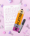Eight Pieces Personalized Pencil Name Plate Set With Blank Wooden Desk Signs, Marker Pen And English Letter Template