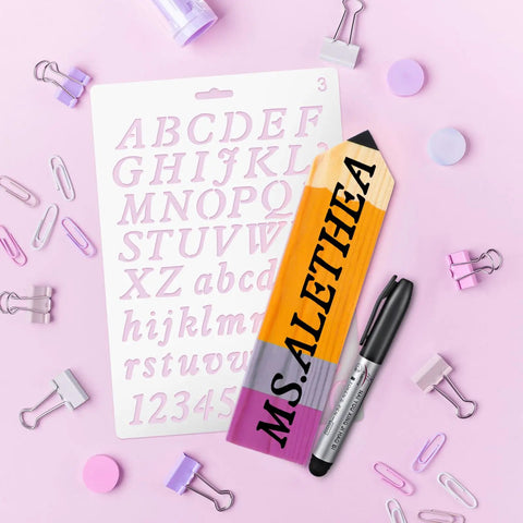 Eight Pieces Personalized Pencil Name Plate Set With Blank Wooden Desk Signs, Marker Pen And English Letter Template